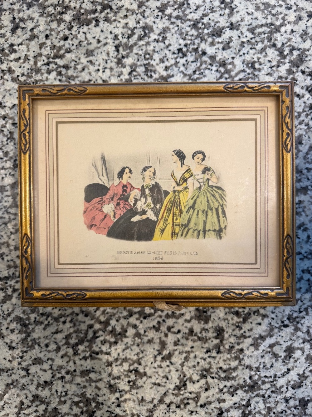 Vintage wooden box with framed Godeys fashion plate picture and mirror lid